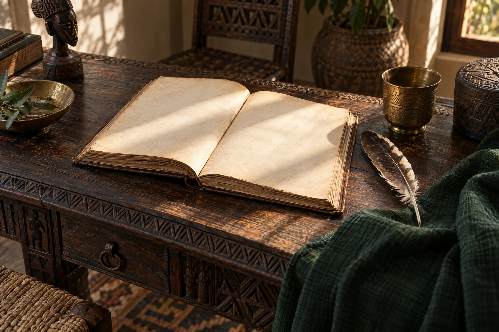 Livre ouvert et plume sur un bureau artisanal, illustration du journal de Professeur Fatah