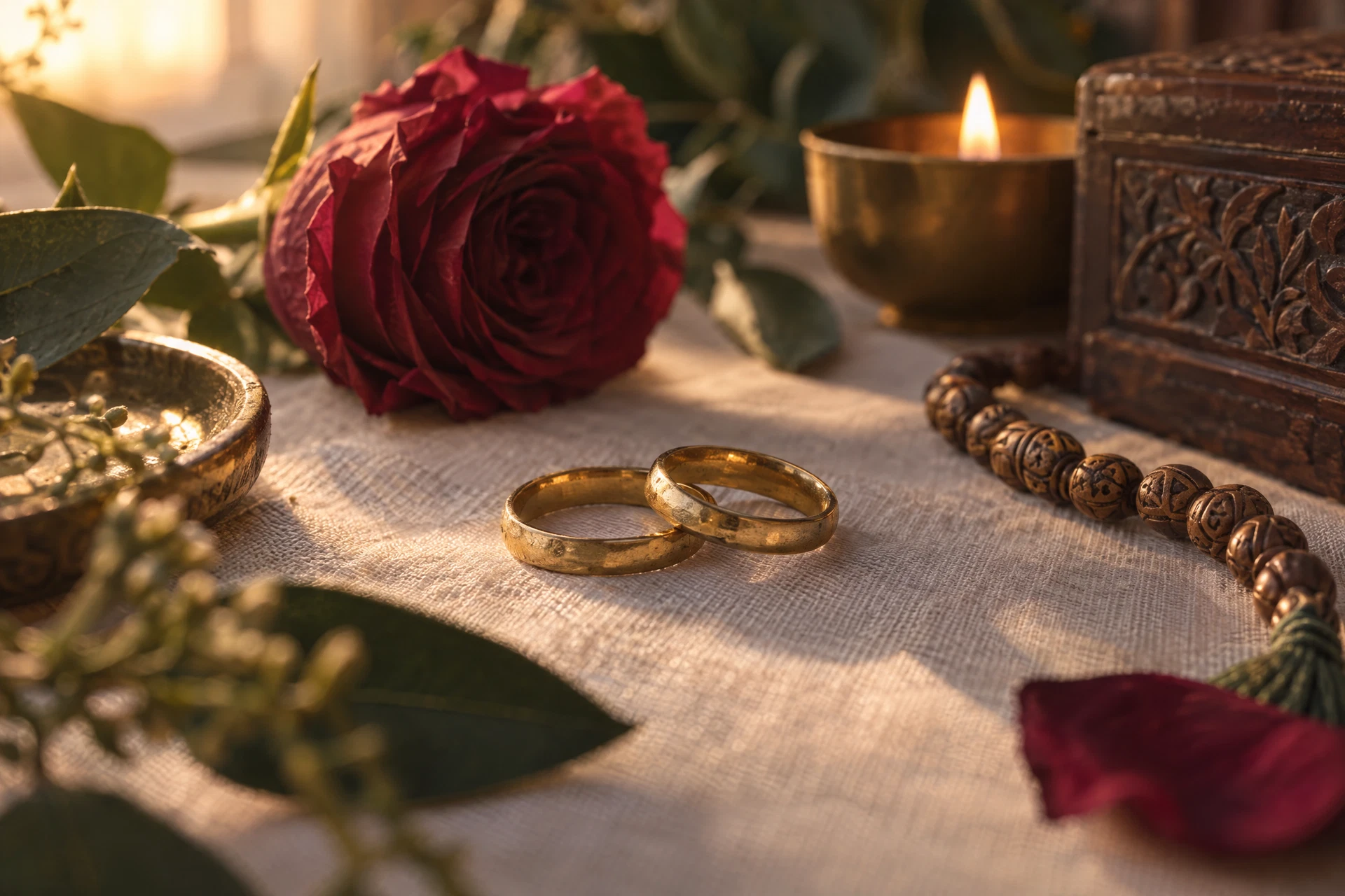 Deux anneaux en laiton sur du lin et une rose, symboles d’un lien affectif respectueux